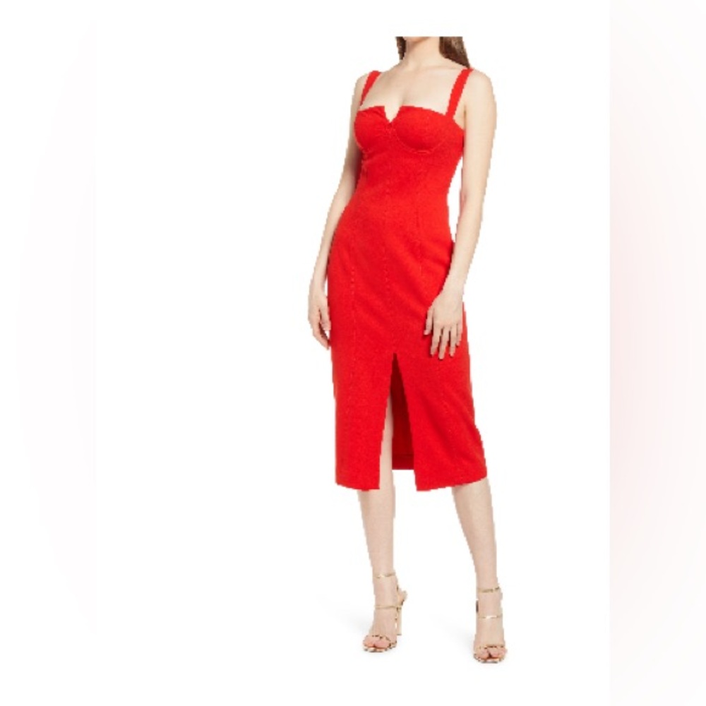 Misha Collection Notch Neck Red Midi Cocktail Dress